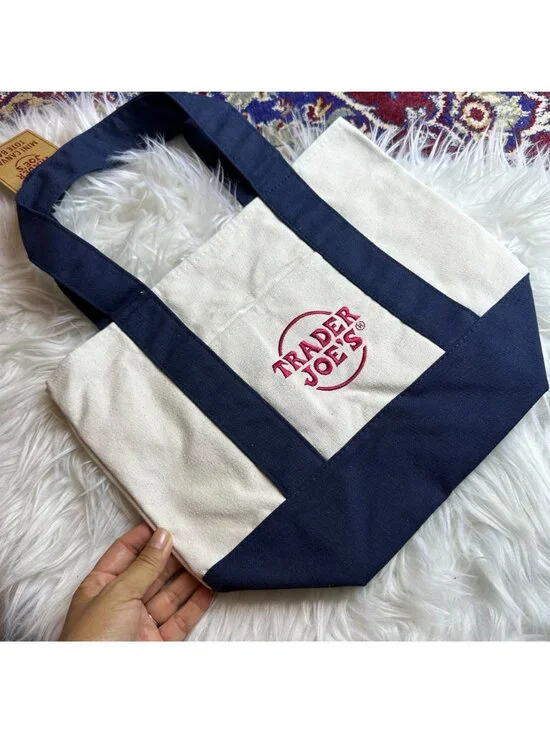 NWT Trader Joes Navy Blue Mini Canvas Tote Bag Reusable Ecofriendly Market 866 - Picture 5 of 9